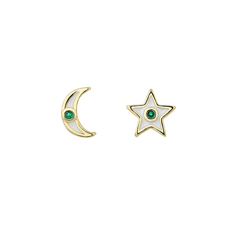 WHITE STAR &amp; MOON ASYMMETRICAL EARRINGS