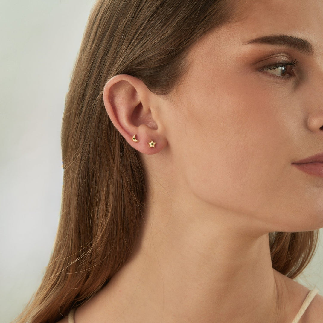 WHITE STAR &amp; MOON ASYMMETRICAL EARRINGS