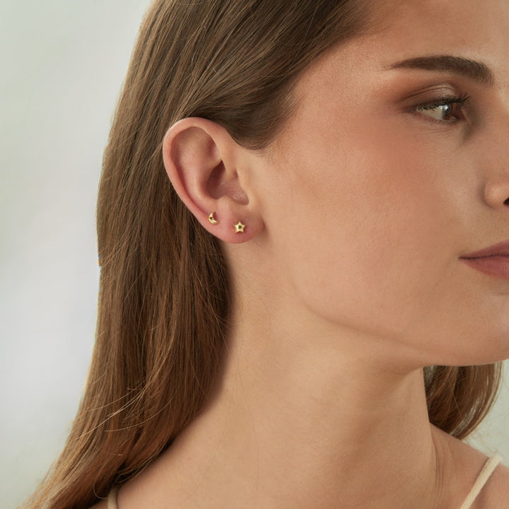 WHITE STAR &amp; MOON ASYMMETRICAL EARRINGS