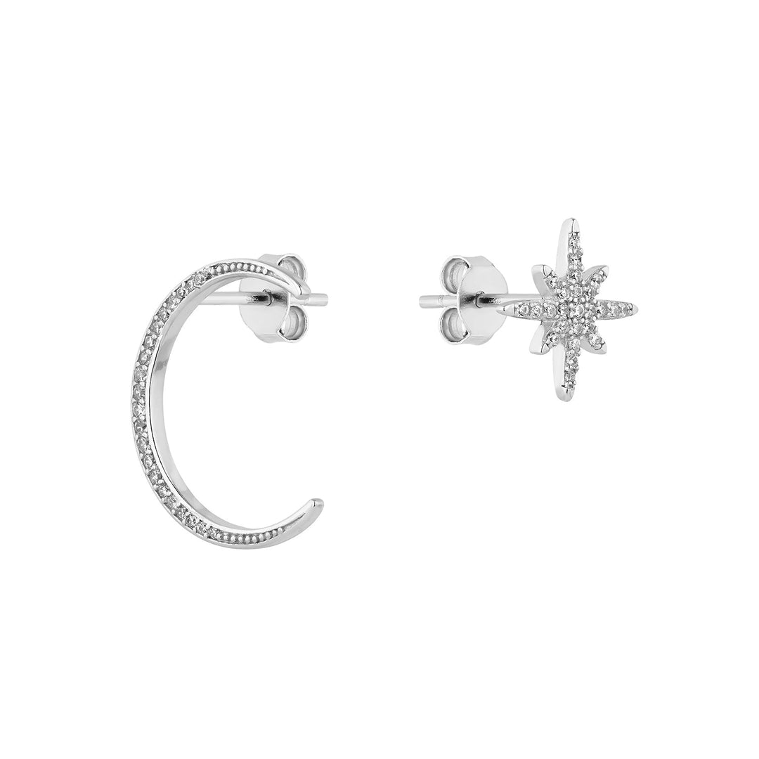 SILVER ASYMMETRICAL EARRINGS TO THE MOON &amp; BACK