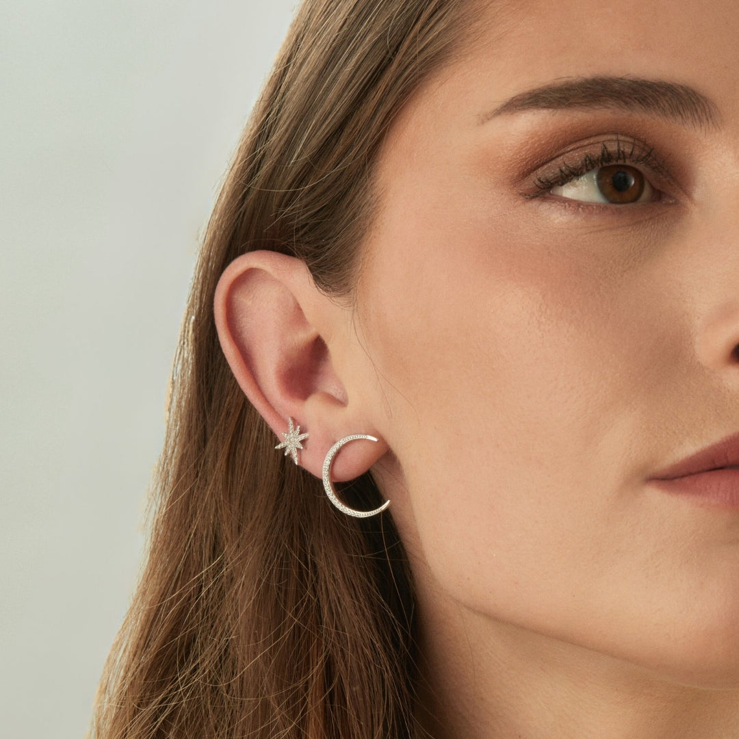 SILVER ASYMMETRICAL EARRINGS TO THE MOON &amp; BACK